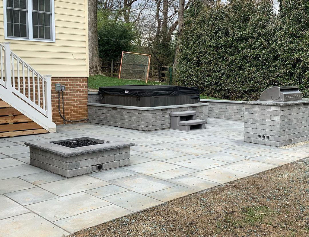 Flagstone Patio, Outdoor Grill Island, Custom Fire Pit, and Hot Tub - Oh My!