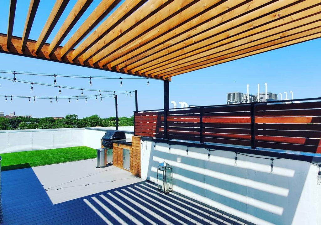 Chicago Rooftop Deck with Pergola, Privacy Fencing, and Outdoor Kitchen