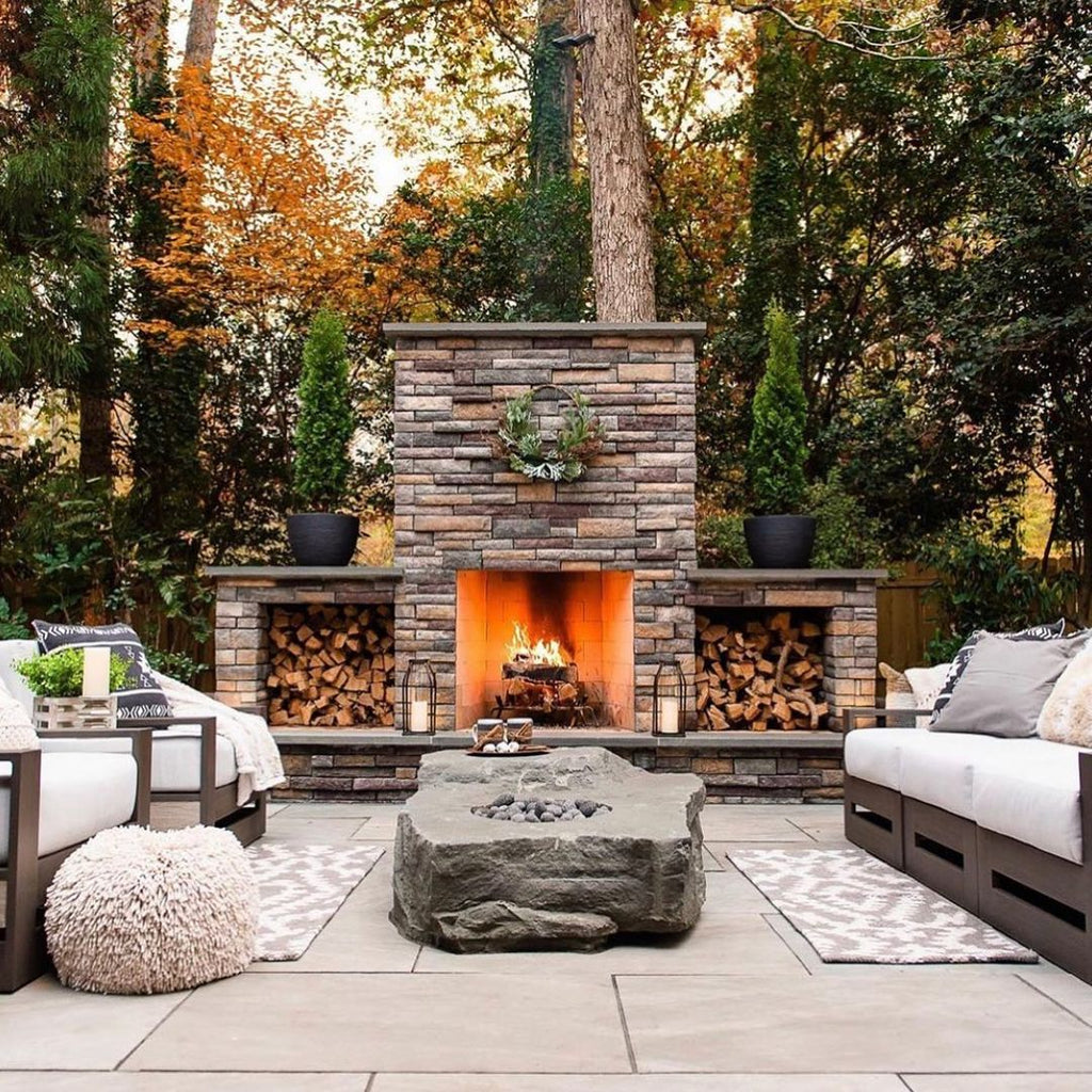 Dream Backyard Retreat in the Virginia Woods with Custom Fire Features, Gorgeous Stone, and Chic Comfort