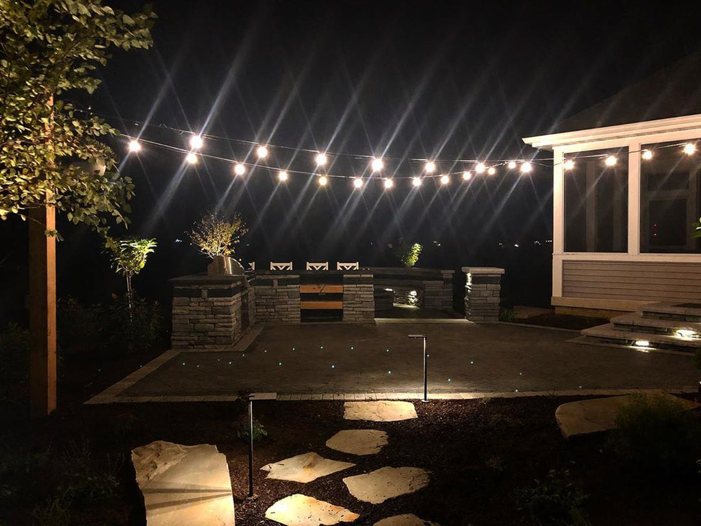 Elegant & Dramatic Accent Lighting, Stone Grill Island & Fire Pit, Dreamy Evenings in Champaign, Illinois