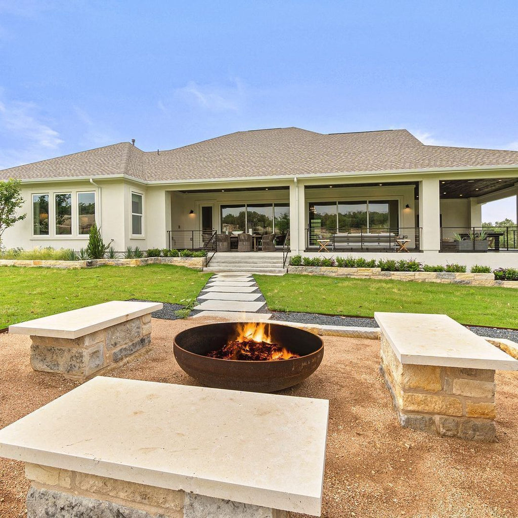 Elegant Transitional Living with Wraparound Porch and an Inviting Fire Pit