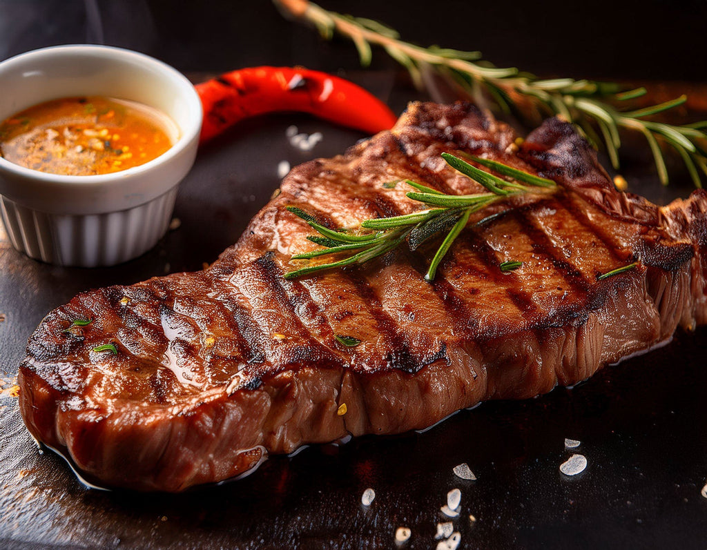 Grilled NY Strips with Garlic Chili Sauce