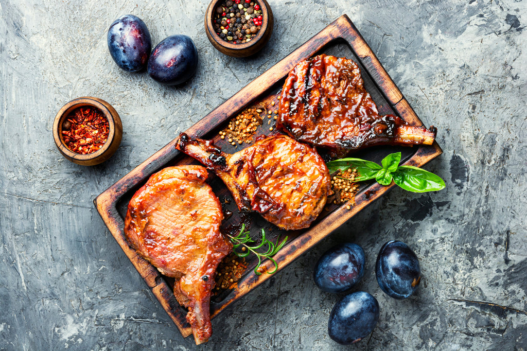 Grilled Pork Chops with Plums, Halloumi, and Lemon - Memorial Day is Grilling Day!