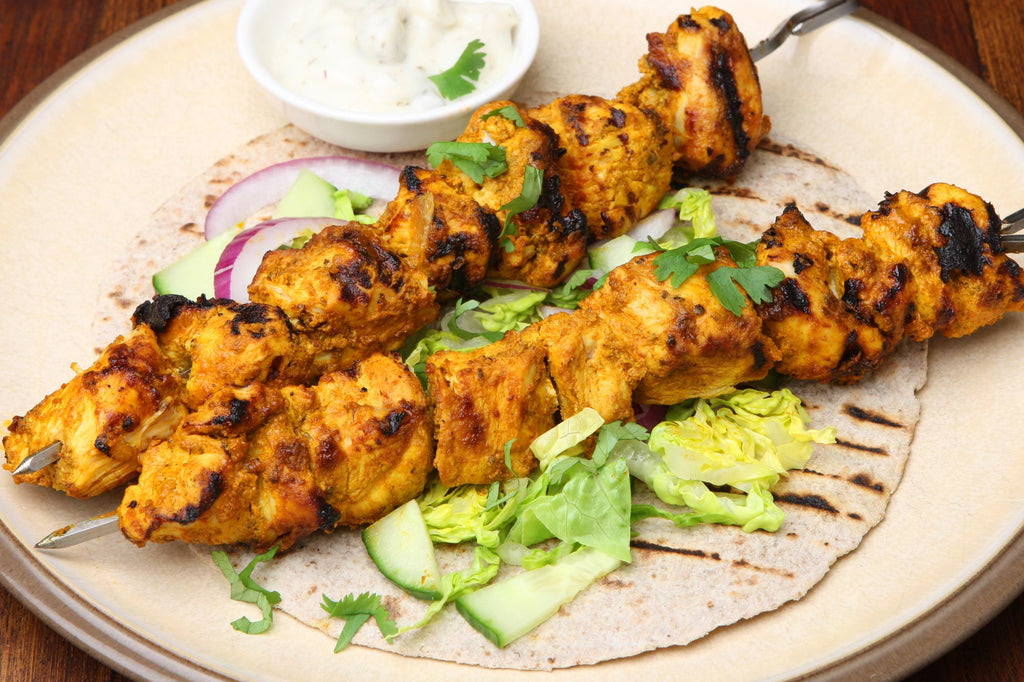 Grilled Spiced Chicken Skewers with Cucumber Salad