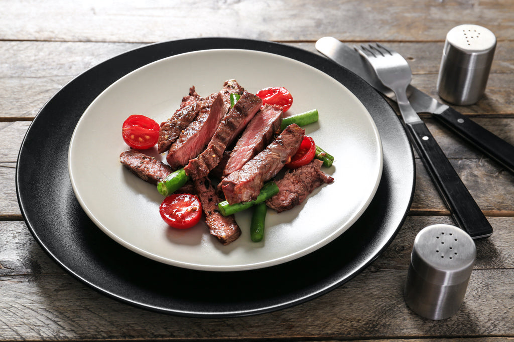 Grilled Strip Steak with Blistered Tomatoes and Green Beans – Game Day Grilling Series