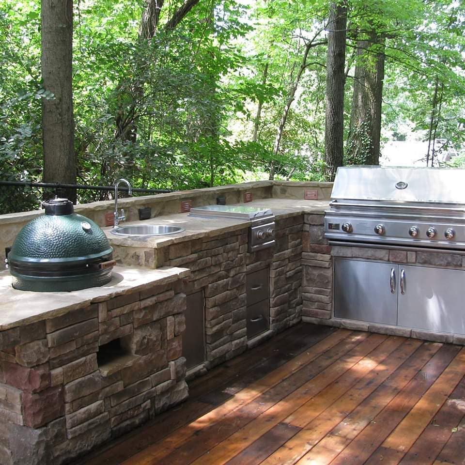 Inviting Deck, Cultured Stone Island, Easy Outdoor Grilling in a Wooded Paradise