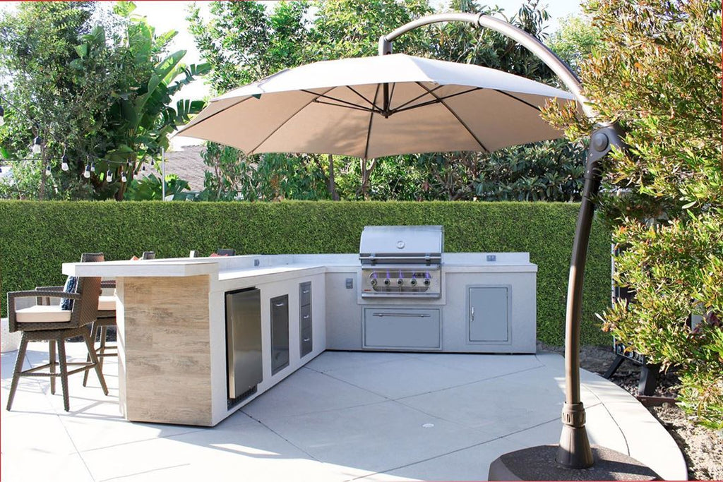 Refreshing & Bright Retreat, White Grill Island, Oversized Umbrella, Complete Outdoor Kitchen With a California Vibe
