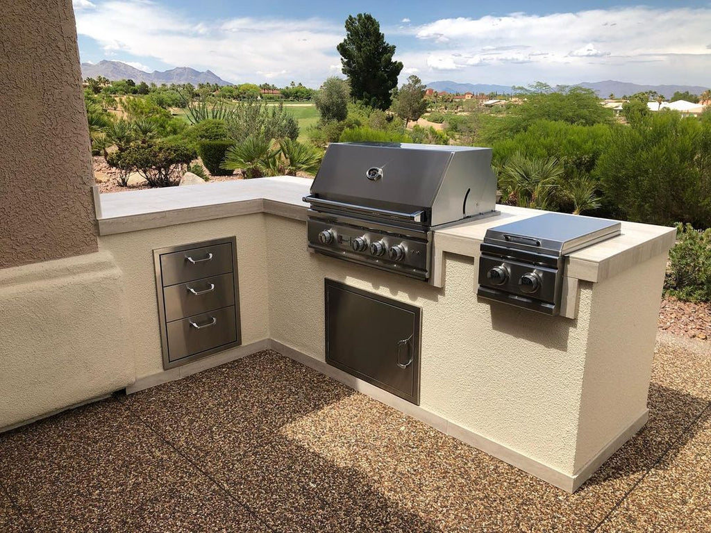 Take in the Wide Open Scenic Views of the Desert with this Clean & Crisp, Budget Friendly Custom Grill Island with Stucco & Tile