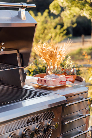 Getting ready to grill steaks with Sylvester Stallone on an American Muscle Grill by Summerset Grills