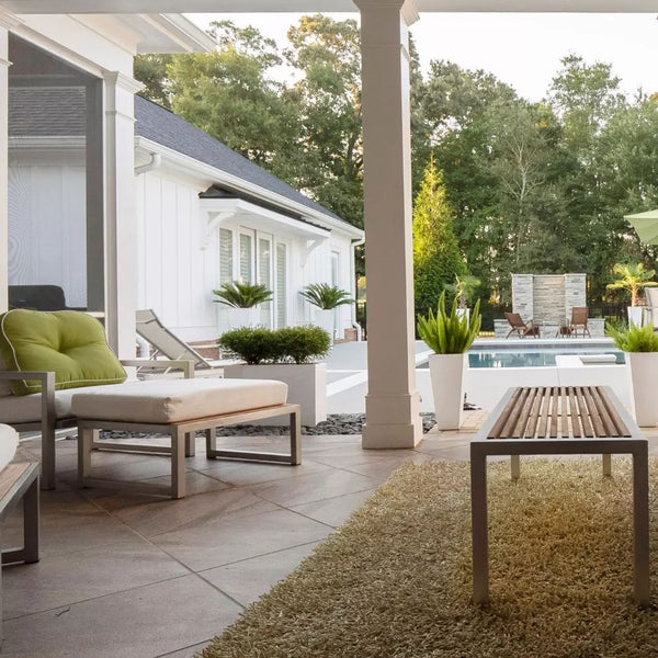 A Charming Backyard Poolside Retreat with Custom Fire Feature 