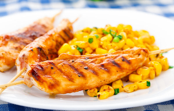 Fourth of July Honey Chicken Skewers with Grilled Corn Salad