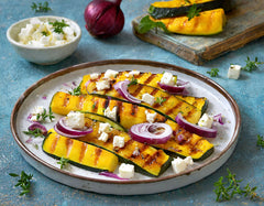 Grilled Summer Squash and Red Onion with Feta