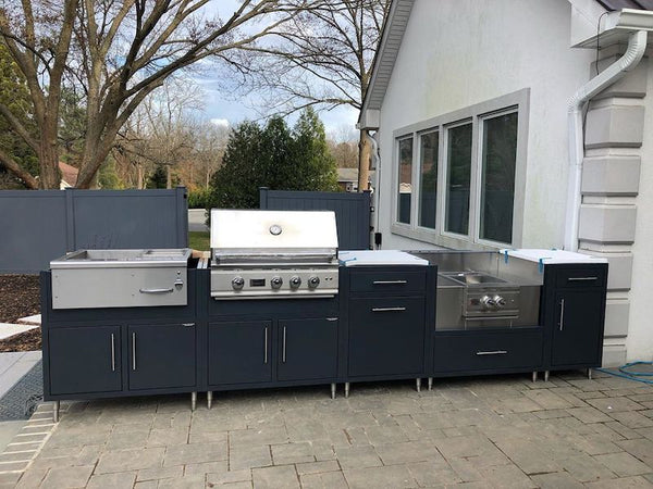 Modern and Sleek, Free Standing Island, Midnight Blue, Versatile Outdoor Kitchen in Suburban New York