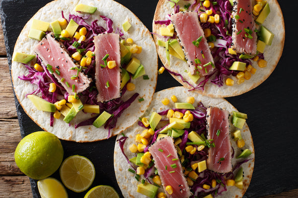 Tuna Tacos with Caramelized Onions & Mango-Cucumber Salsa