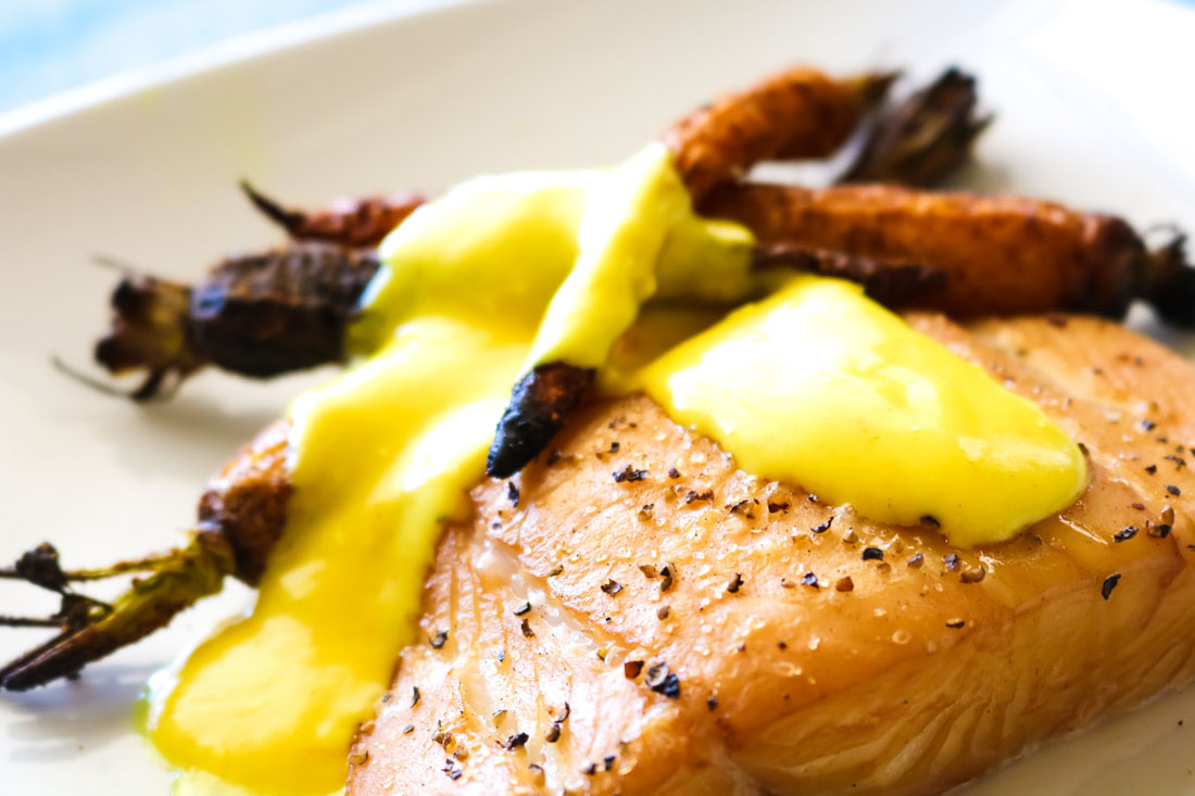 Smoked Halibut with Caramelized Carrots and Turmeric Hollandaise