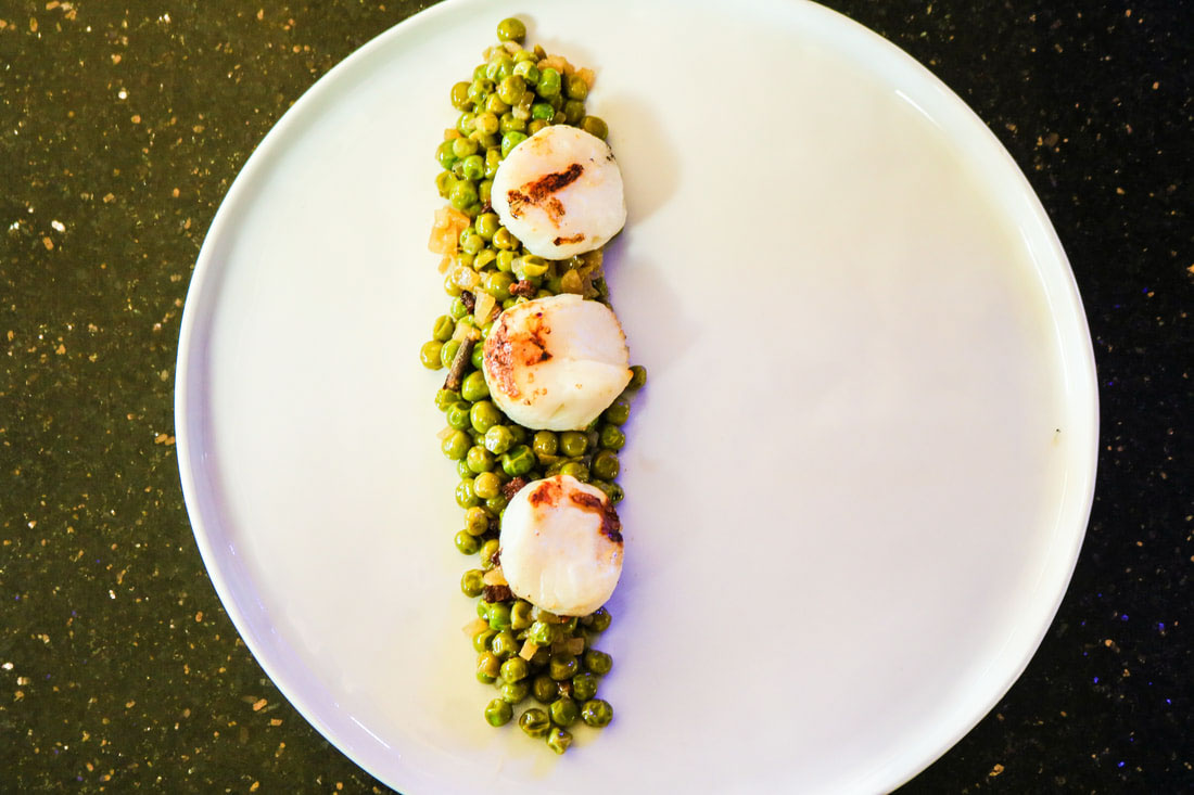 Grilled Scallops with Peas and Lamb Bacon